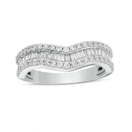 Previously Owned 3/4 CT. T.W. Baguette and Round Diamond Contour Triple Row Anniversary Band in 14K White Gold