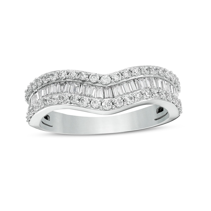 Main Image 1 of Previously Owned 3/4 CT. T.W. Baguette and Round Diamond Contour Triple Row Anniversary Band in 14K White Gold
