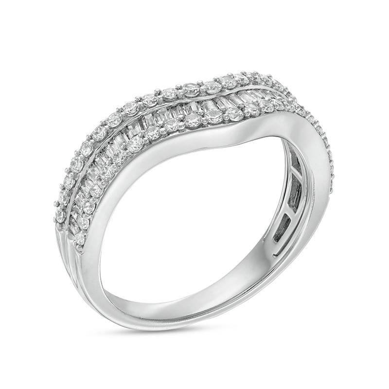 Main Image 3 of Previously Owned 3/4 CT. T.W. Baguette and Round Diamond Contour Triple Row Anniversary Band in 14K White Gold