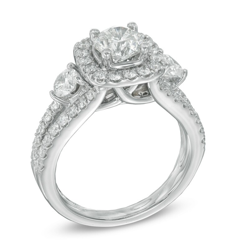 Main Image 2 of Previously Owned Celebration Ideal 2-1/5 CT. T.W. Diamond Three Stone Engagement Ring in 14K White Gold (I/I1)
