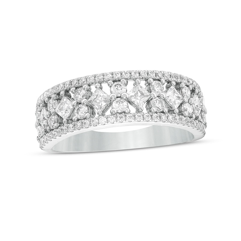 Main Image 1 of Previously Owned - 1 CT. T.W. Princess-Cut and Round Diamond Alternating Anniversary Band in 14K White Gold