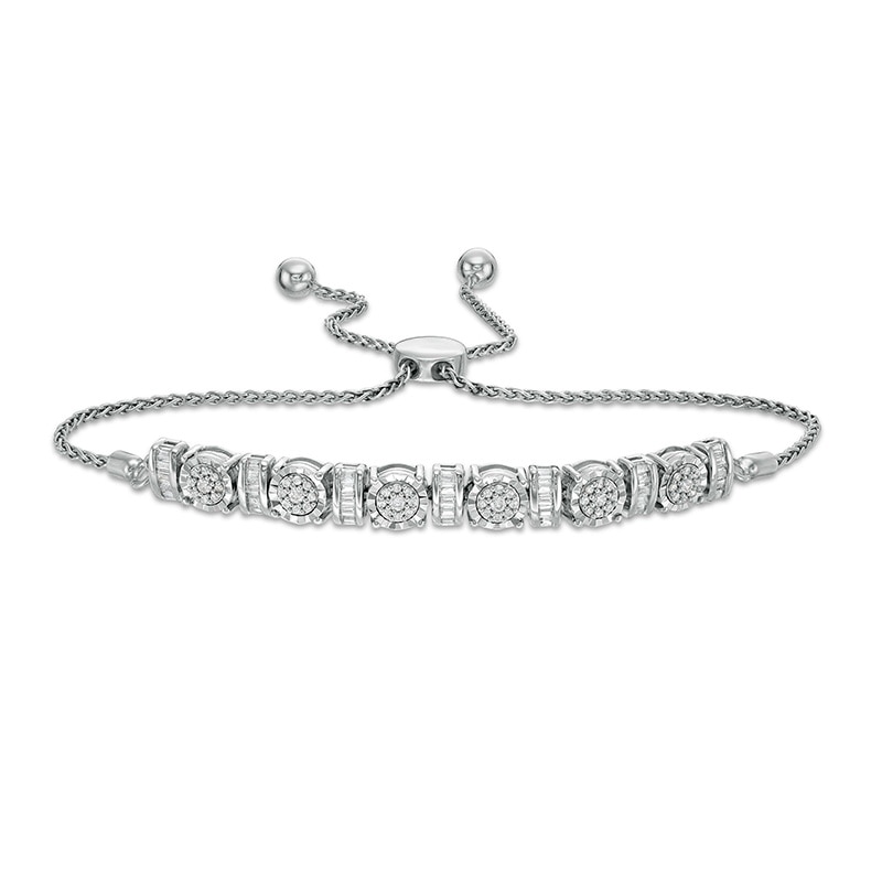 Main Image 1 of Previously Owned - 1/2 CT. T.W. Baguette and Round Diamond Alternating Curved Bar Bolo Bracelet in Sterling Silver