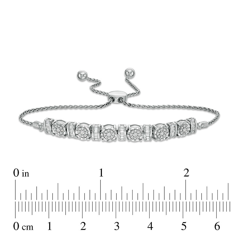 Main Image 2 of Previously Owned - 1/2 CT. T.W. Baguette and Round Diamond Alternating Curved Bar Bolo Bracelet in Sterling Silver