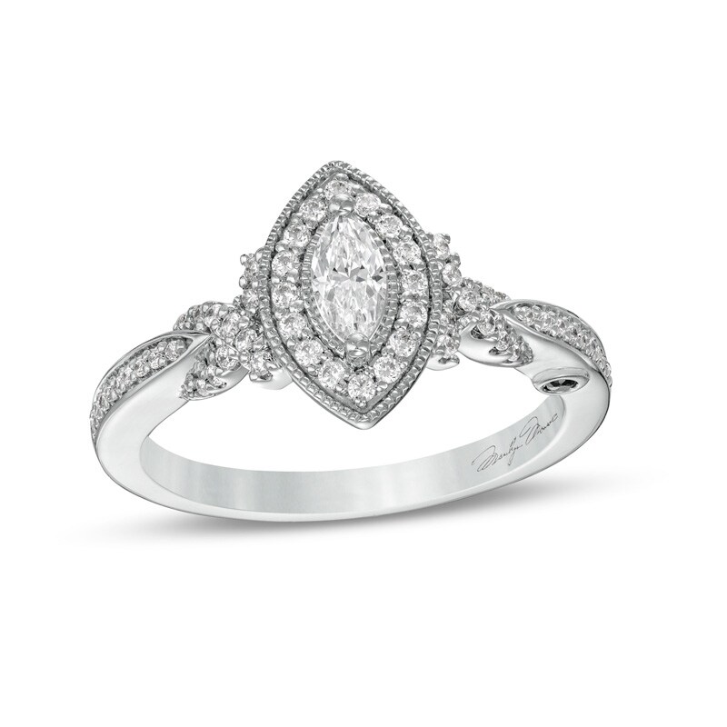Main Image 1 of Previously Owned - Marilyn Monroe™ Collection 1/2 CT. T.W. Marquise Diamond Frame Twist Shank Ring in 14K White Gold