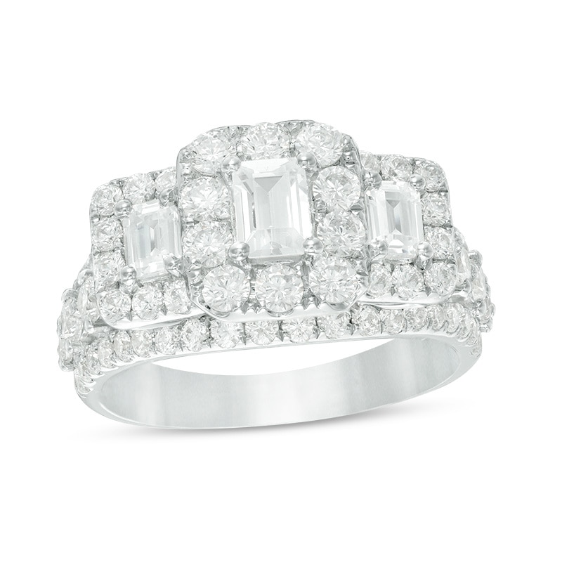 Main Image 1 of Previously Owned 2-1/2 CT. T.W. Emerald-Cut Diamond Past Present Future® Frame Engagement Ring in 14K White Gold (I/I1)