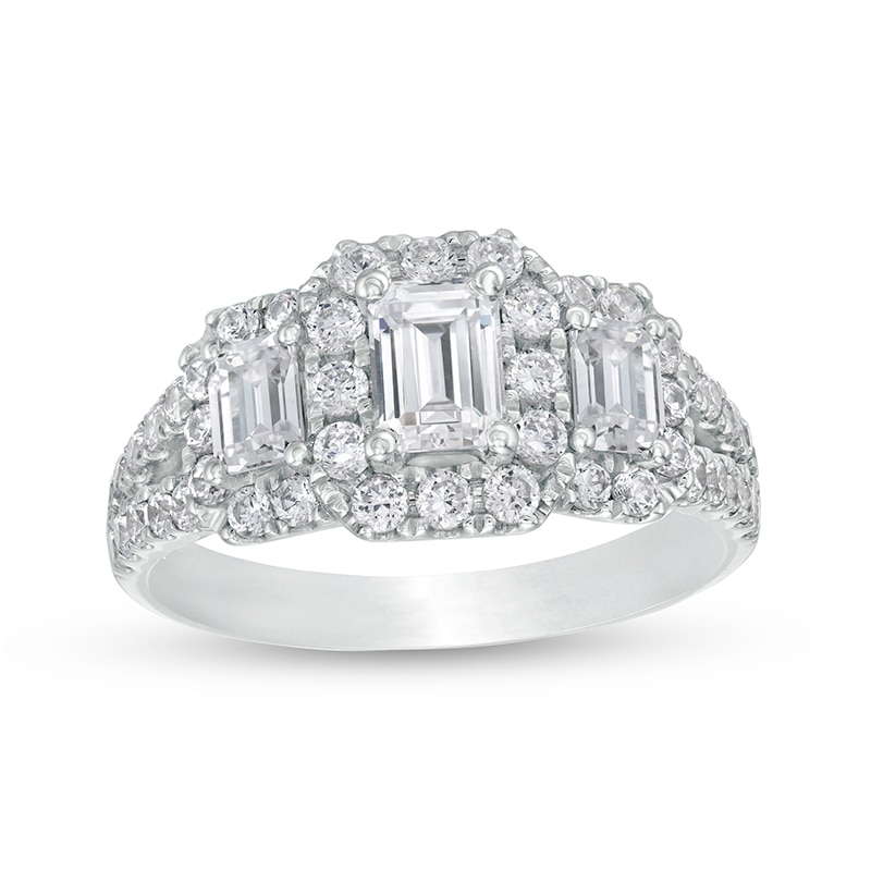 Main Image 1 of Previously Owned 2 CT. T.W. Emerald-Cut Diamond Past Present Future® Split Shank Engagement Ring in 14K White Gold