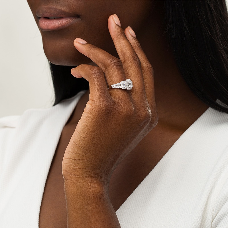Main Image 2 of Previously Owned 2 CT. T.W. Emerald-Cut Diamond Past Present Future® Split Shank Engagement Ring in 14K White Gold