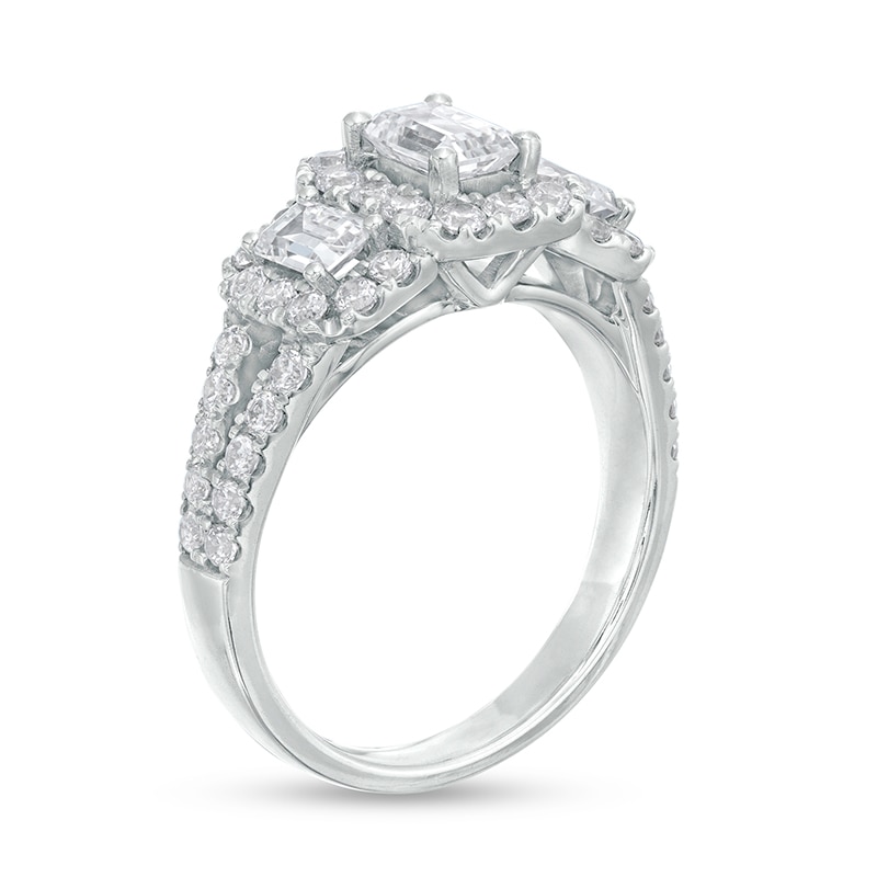 Main Image 3 of Previously Owned 2 CT. T.W. Emerald-Cut Diamond Past Present Future® Split Shank Engagement Ring in 14K White Gold