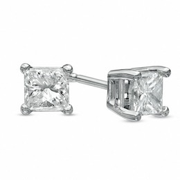 Previously Owned 3/4 CT. T.W. Princess-Cut Diamond Solitaire Stud Earrings in 14K White Gold