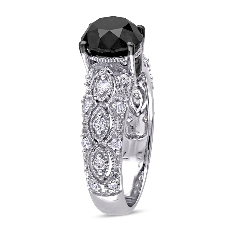 Main Image 2 of Previously Owned - 3 CT. T.W. Enhanced Black and White Diamond Vintage-Style Engagement Ring in 10K White Gold