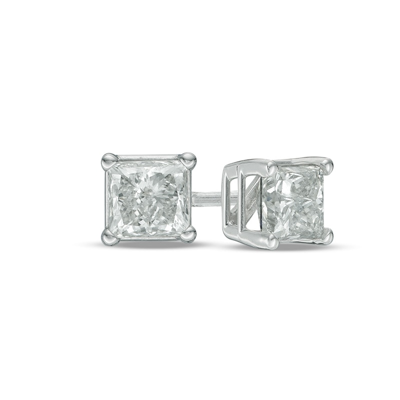 Main Image 1 of Previously Owned - 1 CT. T.W. Princess-Cut Diamond Solitaire Stud Earrings in 14K White Gold (J/I3)