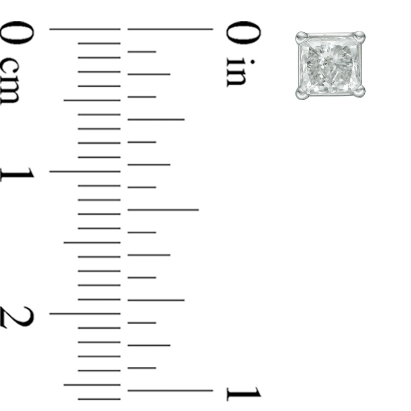 Main Image 2 of Previously Owned - 1 CT. T.W. Princess-Cut Diamond Solitaire Stud Earrings in 14K White Gold (J/I3)