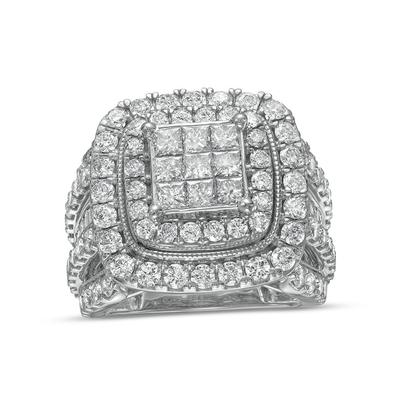 Main Image 1 of Previously Owned - 4 CT. T.W. Princess Multi-Diamond Double Frame Vintage-Style Engagement Ring in 10K White Gold