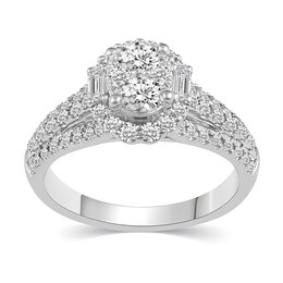 Previously Owned - 1 CT. T.W. Composite Baguette and Round Diamond Frame Engagement Ring in 14K White Gold