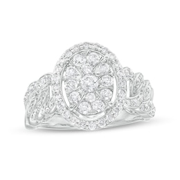 Previously Owned - 1 CT. T.W. Oval-Shaped Multi-Diamond Frame Curb Chain Shank Ring in 10K White Gold