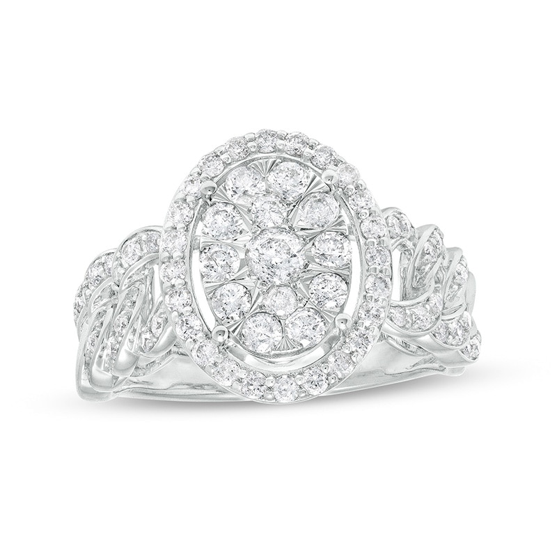 Main Image 1 of Previously Owned - 1 CT. T.W. Oval-Shaped Multi-Diamond Frame Curb Chain Shank Ring in 10K White Gold