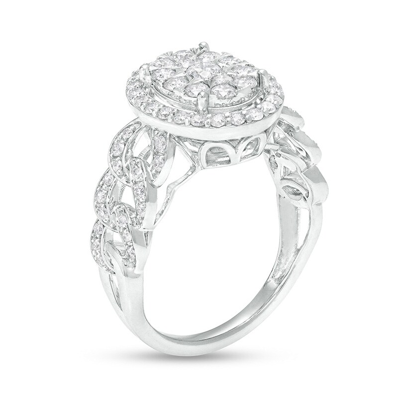 Main Image 2 of Previously Owned - 1 CT. T.W. Oval-Shaped Multi-Diamond Frame Curb Chain Shank Ring in 10K White Gold