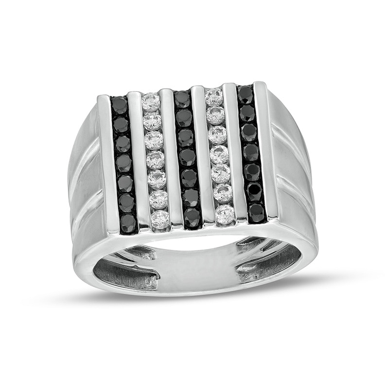 Main Image 1 of Previously Owned - 1 CT. T.W. Black and White Diamond Multi-Row Double Groove Shank Ring in 10K White Gold