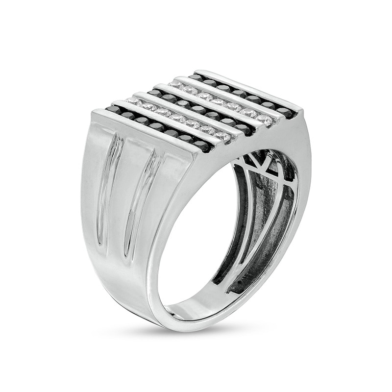 Main Image 2 of Previously Owned - 1 CT. T.W. Black and White Diamond Multi-Row Double Groove Shank Ring in 10K White Gold