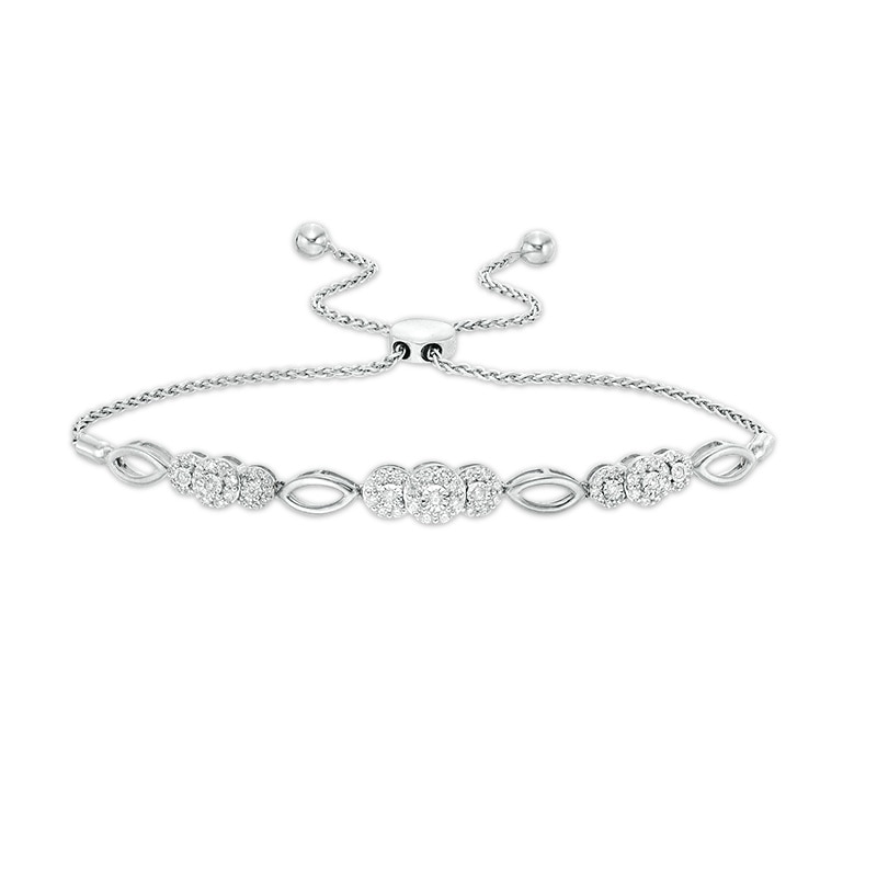 Main Image 1 of Previously Owned - 3/8 CT. T.W. Composite Diamond Three Stone and Marquise Bolo Bracelet in 10K White Gold - 10.9"