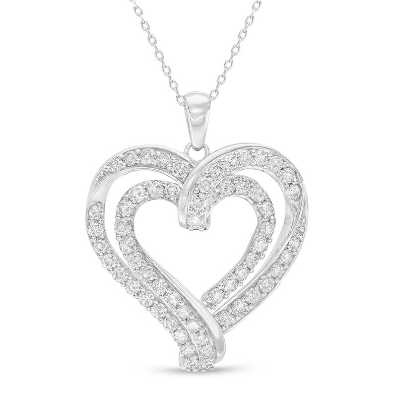 Main Image 1 of Previously Owned - 2 CT. T.W. Diamond Double Row Ribbon Heart Pendant in 10K White Gold