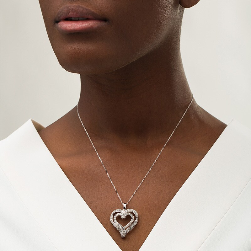 Main Image 2 of Previously Owned - 2 CT. T.W. Diamond Double Row Ribbon Heart Pendant in 10K White Gold