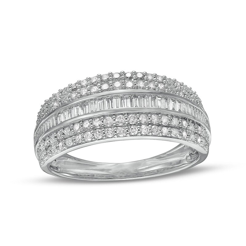 Main Image 1 of Previously Owned - 1/2 CT. T.W. Baguette and Round Diamond Multi-Row Anniversary Band in 10K White Gold