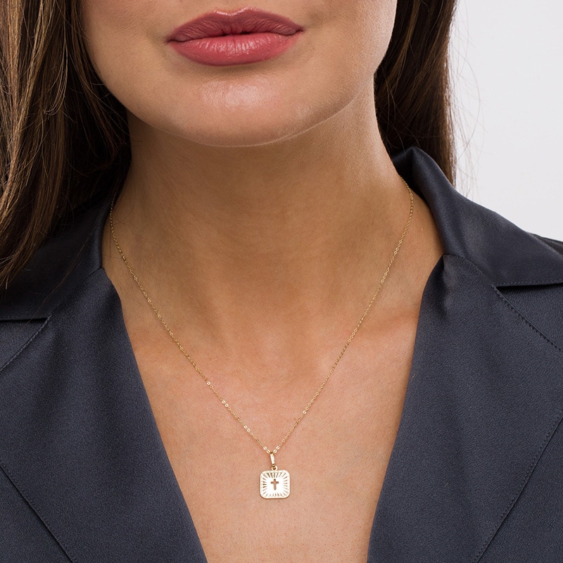 Main Image 2 of Previously Owned - Cut-Out Cross Diamond-Cut Sunburst Square Medallion Pendant in 10K Gold