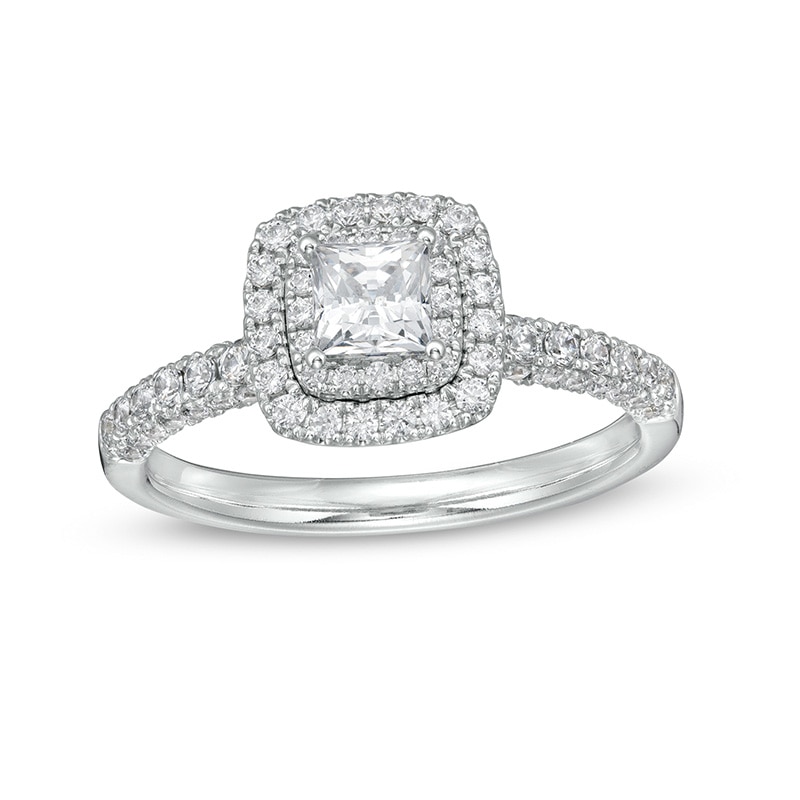 Main Image 1 of Previously Owned - 1 CT. T.W. Princess-Cut Diamond Cushion Frame Engagement Ring in Platinum (I/SI2)