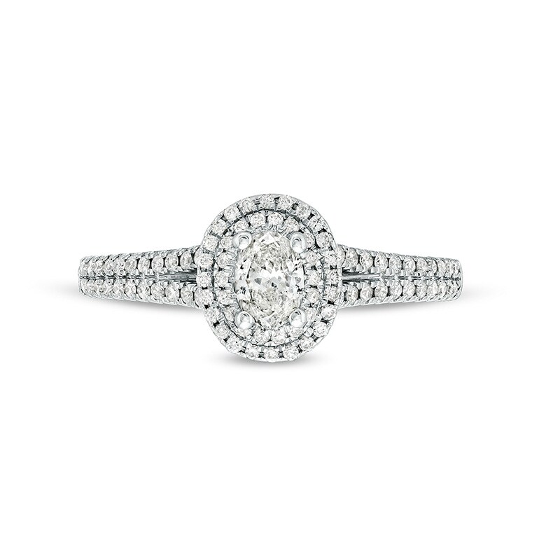 Main Image 4 of Previously Owned - Celebration Infinite™ 3/4 CT. T.W. Oval Diamond Frame Split Shank Engagement Ring in 14K White Gold