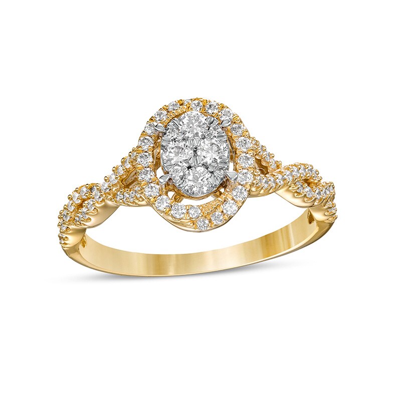 Main Image 1 of Previously Owned - 1/2 CT. T.W. Oval Multi-Diamond Frame Twist Shank Engagement Ring in 10K Gold