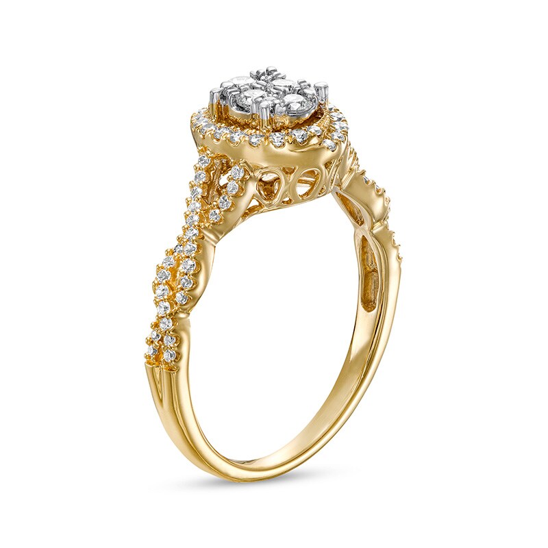Main Image 3 of Previously Owned - 1/2 CT. T.W. Oval Multi-Diamond Frame Twist Shank Engagement Ring in 10K Gold