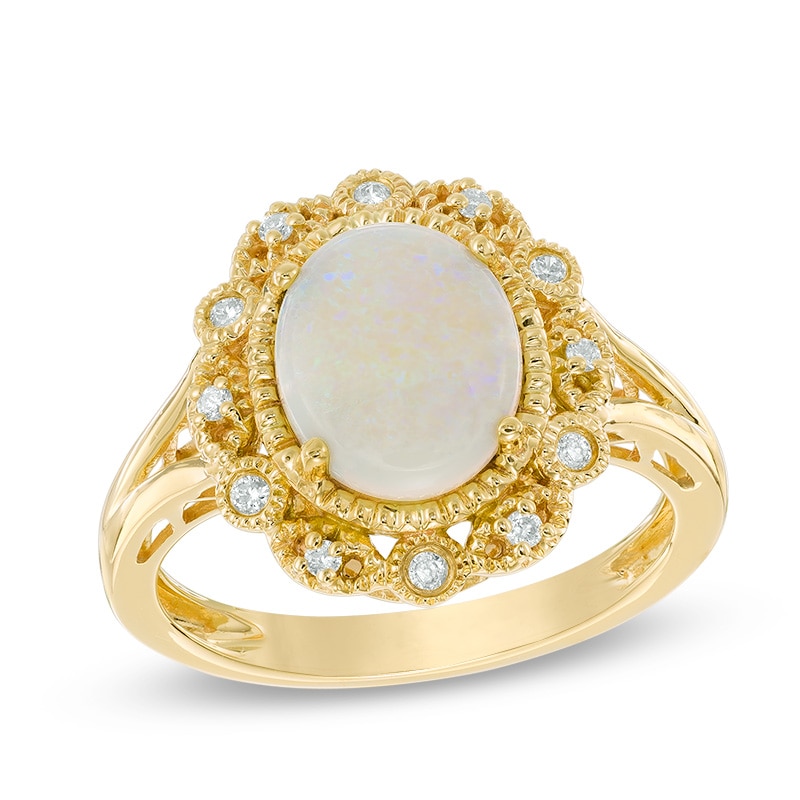 Main Image 1 of Previously Owned - Oval Opal and Diamond Accent Vintage-Style Frame Ring in 10K Gold