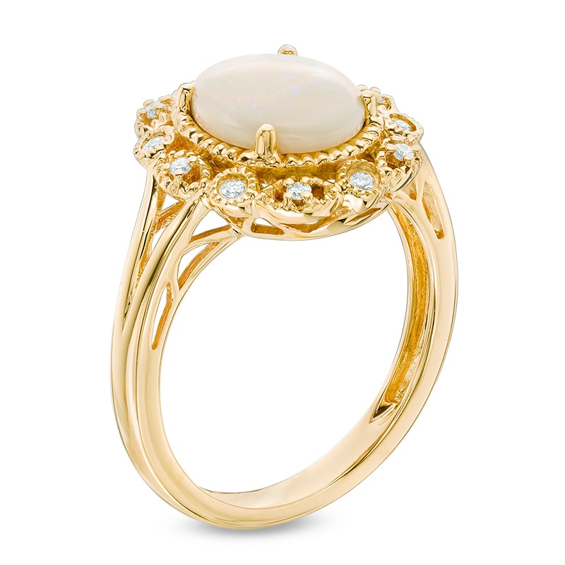Main Image 2 of Previously Owned - Oval Opal and Diamond Accent Vintage-Style Frame Ring in 10K Gold