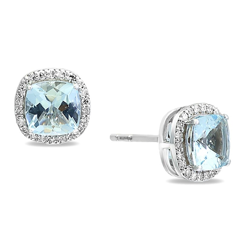 Main Image 1 of Previously Owned - EFFY™ Collection Cushion-Cut Aquamarine and 1/6 CT. T.W. Diamond Frame Stud Earrings in 14K White Gold