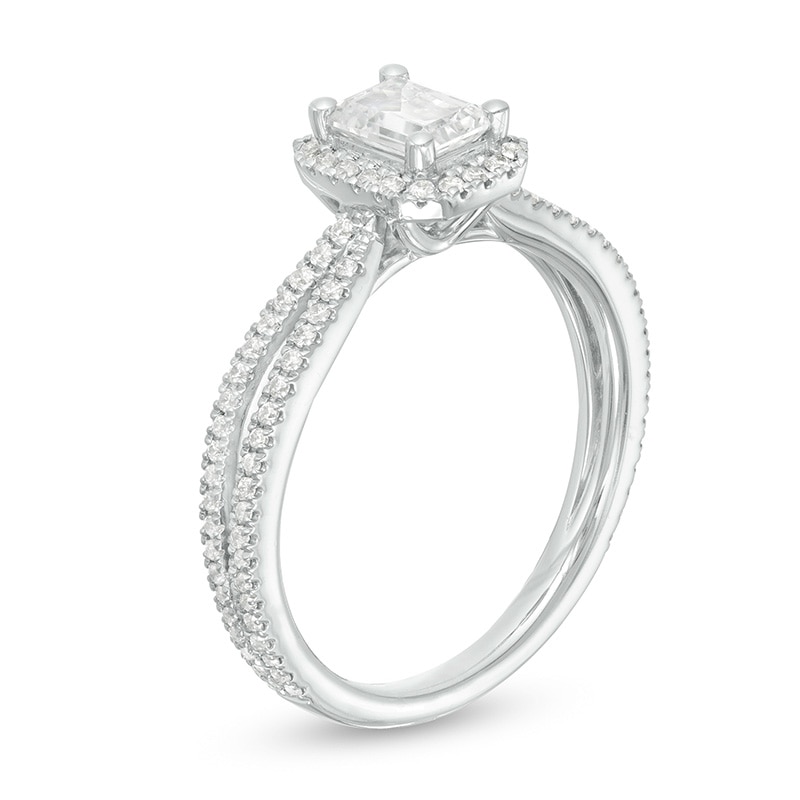 Main Image 3 of Previously Owned - 3/4 CT. T.W. Emerald-Cut Frame Split Shank Engagement Ring in 14K White Gold (I/I1)