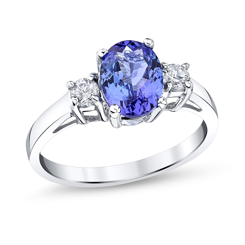 Main Image 1 of Previously Owned - Oval Tanzanite and 1/5 CT. T.W. Diamond Three Stone Ring in 14K White Gold