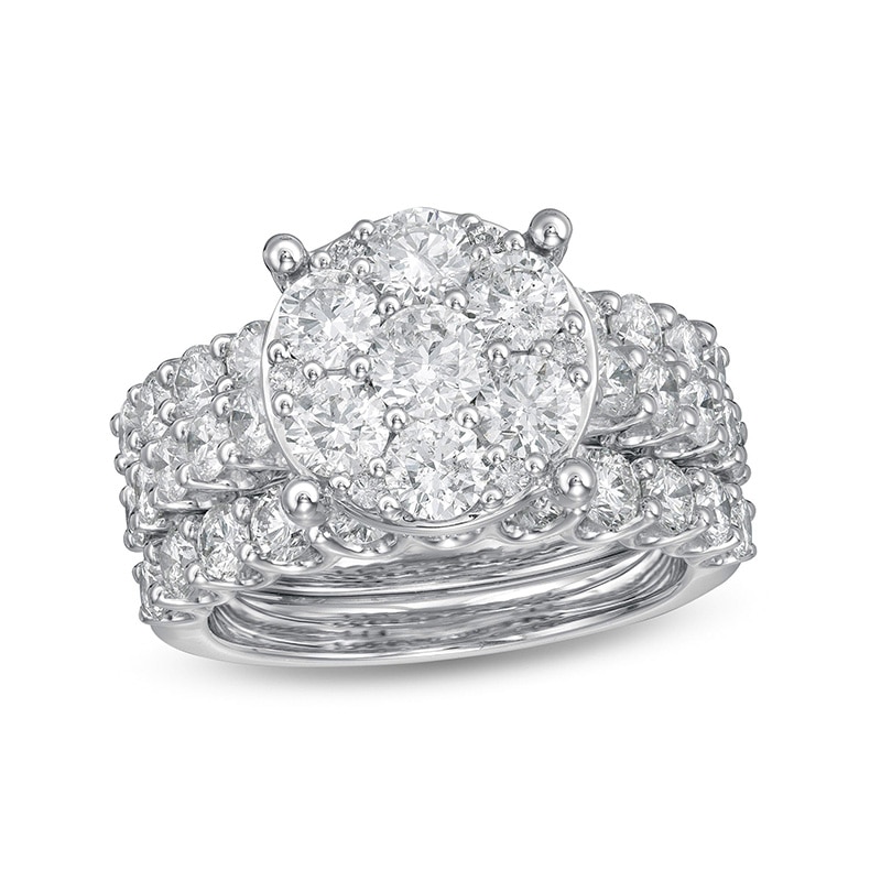 Main Image 1 of Previously Owned - 4 CT. T.W. Multi-Diamond Vintage-Style Three Piece Bridal Set in 14K White Gold