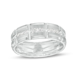 Previously Owned - 1/4 CT. T.W. Diamond Channel Brick Pattern Wedding Band in 10K White Gold - Size 10