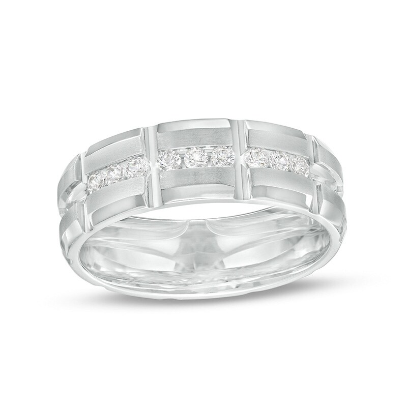 Main Image 1 of Previously Owned - 1/4 CT. T.W. Diamond Channel Brick Pattern Wedding Band in 10K White Gold - Size 10