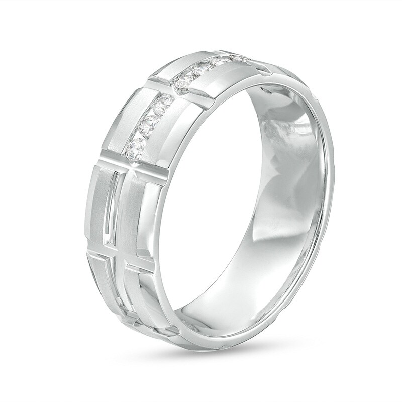 Main Image 2 of Previously Owned - 1/4 CT. T.W. Diamond Channel Brick Pattern Wedding Band in 10K White Gold - Size 10
