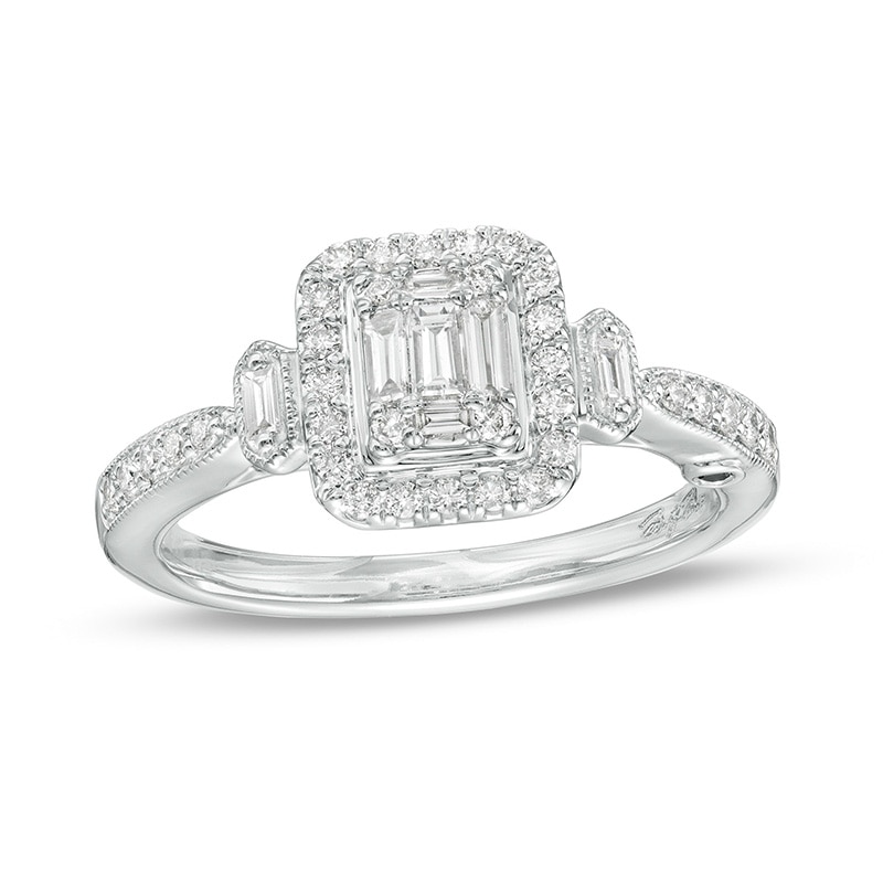 Previously Owned - Marilyn Monroe™ Collection 1/2 CT. T.W. Emerald-Shaped Multi-Diamond Frame Ring in 14K White Gold
