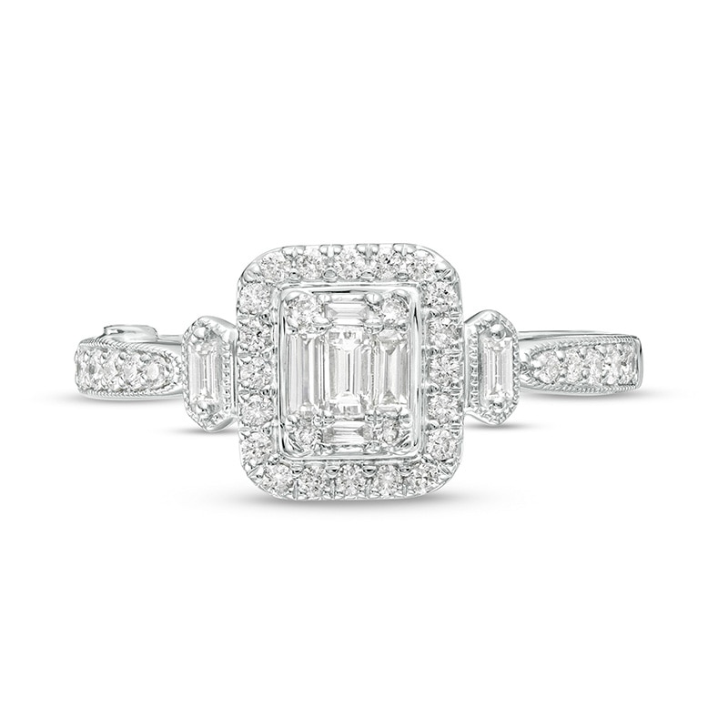 Previously Owned - Marilyn Monroe™ Collection 1/2 CT. T.W. Emerald-Shaped Multi-Diamond Frame Ring in 14K White Gold