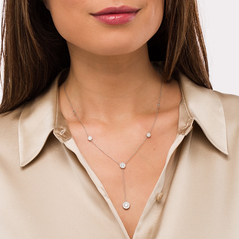 Main Image 2 of Previously Owned - 1 CT. T.W. Multi-Diamond Diamond Station "Y" Necklace in 10K White Gold – 19.5"