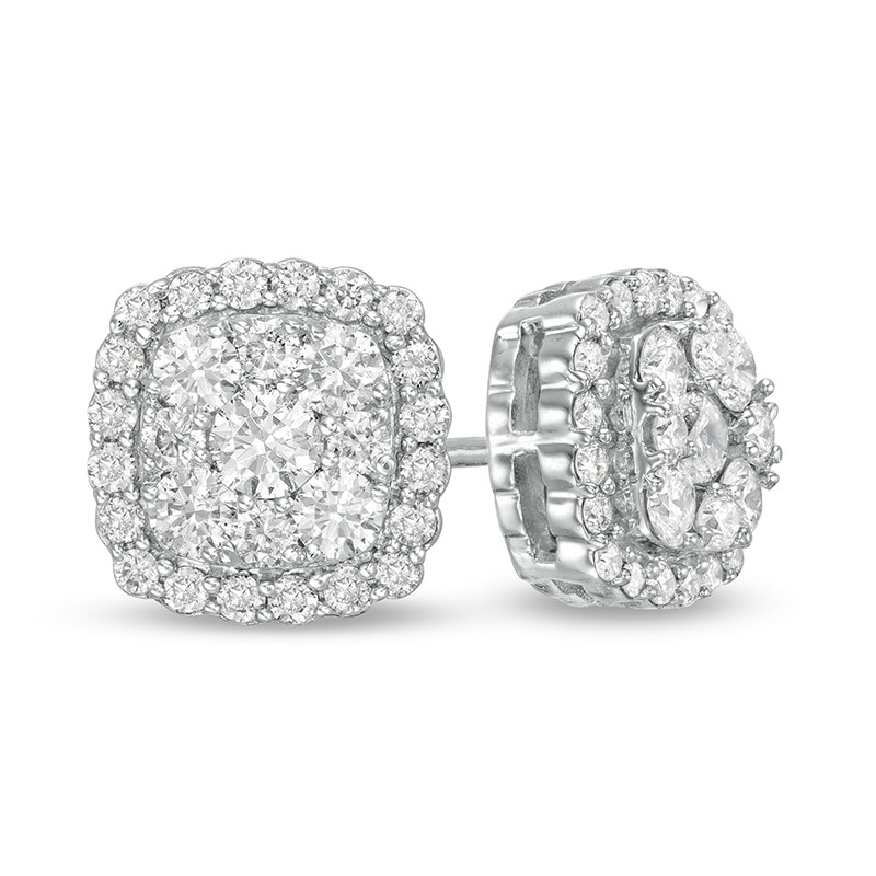 Main Image 1 of Previously Owned - 7/8 CT. T.W. Diamond Cushion Frame Stud Earrings in 14K White Gold