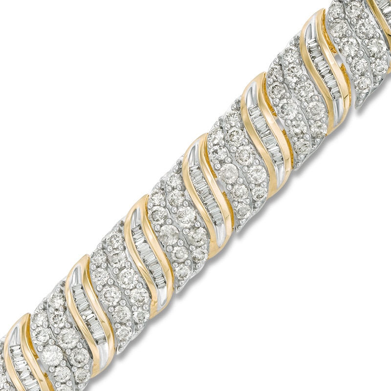 Main Image 1 of Previously Owned - 10 CT. T.W. Baguette and Round Diamond Wave Bracelet in 10K Gold