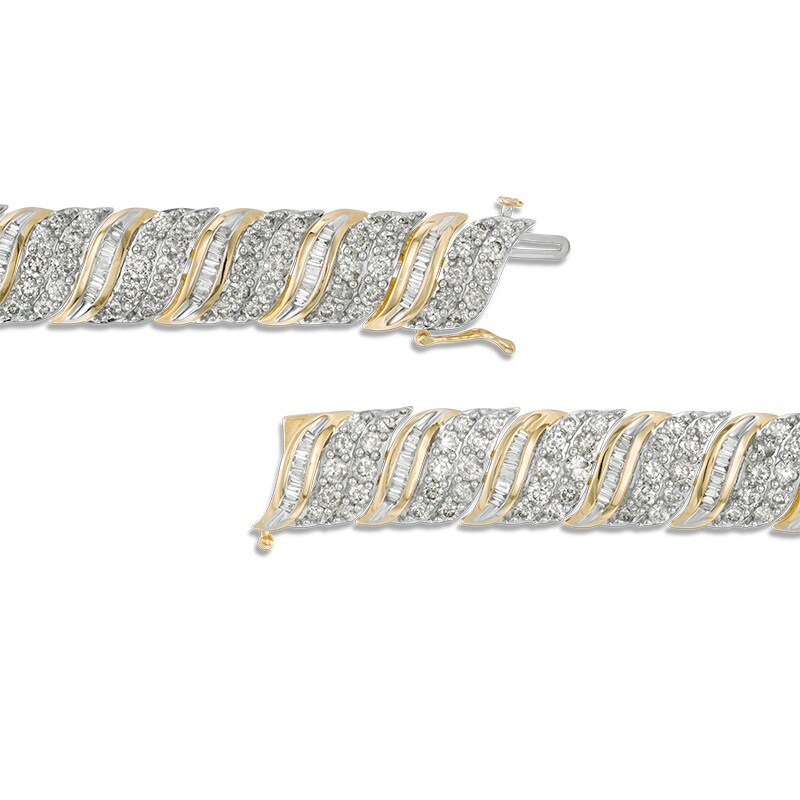 Main Image 3 of Previously Owned - 10 CT. T.W. Baguette and Round Diamond Wave Bracelet in 10K Gold