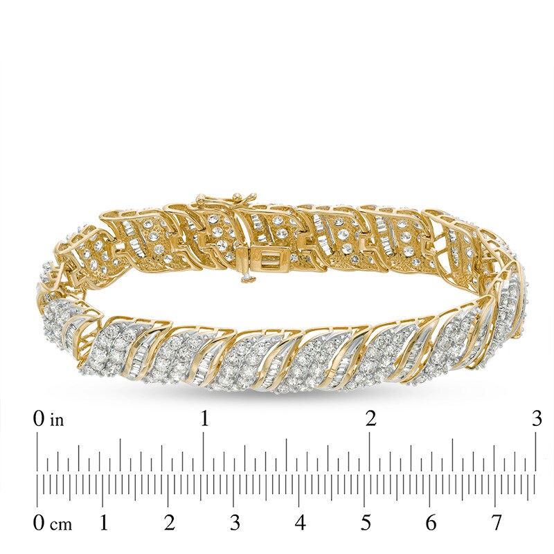 Main Image 4 of Previously Owned - 10 CT. T.W. Baguette and Round Diamond Wave Bracelet in 10K Gold