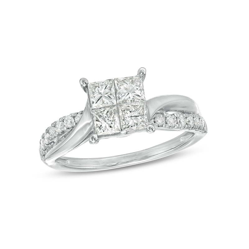 Main Image 1 of Previously Owned - 1 CT. T.W. Princess-Cut Quad Diamond Twist Shank Engagement Ring in 14K White Gold