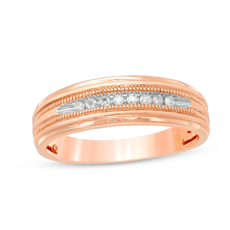 Main Image 1 of Previously Owned - Men's 1/10 CT. T.W. Diamond Milgrain Wedding Band in 10K Rose Gold